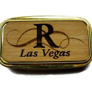 Money Clip "R" Las Vegas Wallet Credit Card Holder Gold Tone Wooden
